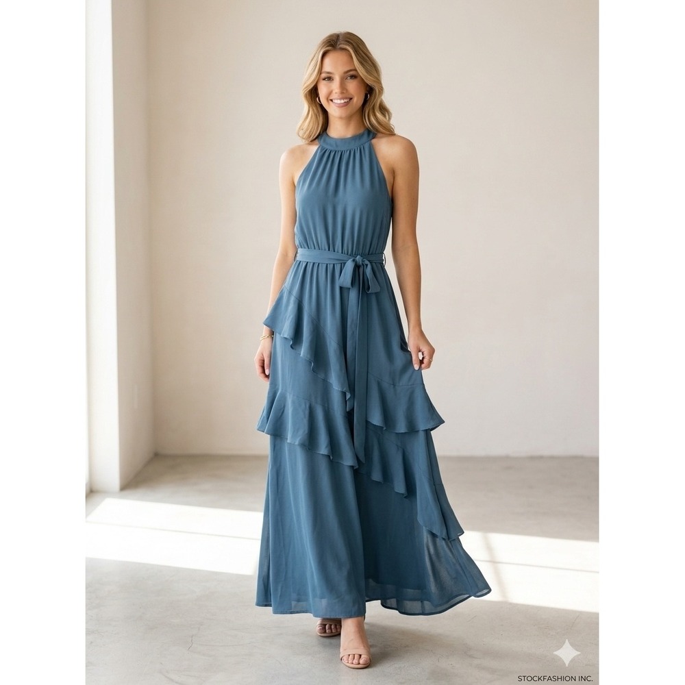 NWT Grace Karin Womens Halter Neck Ruffle Tiered Maxi Dress Blue Sleeveless